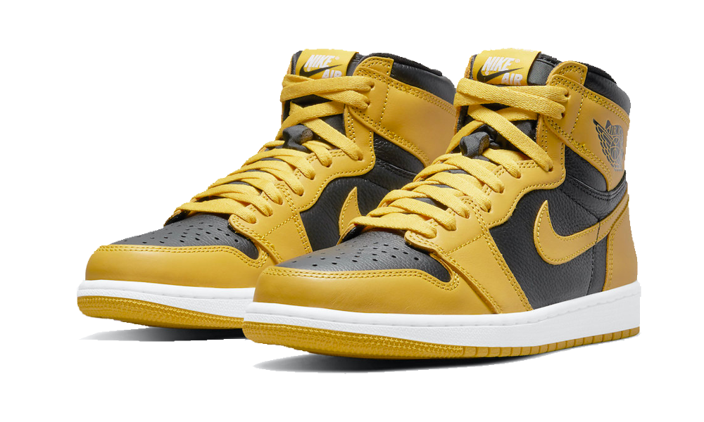 Pair of Nike Air Jordan 1 Retro High Pollen sneakers in black and yellow, showcasing classic high-top design and premium leather, perfect for sneaker enthusiasts across Europe.