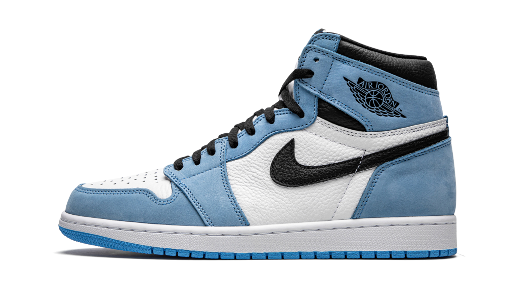 Nike Air Jordan 1 High University Blue sneaker in white and blue suede with black accents, featuring classic Air Jordan design and exclusive Europe availability, The real deal.