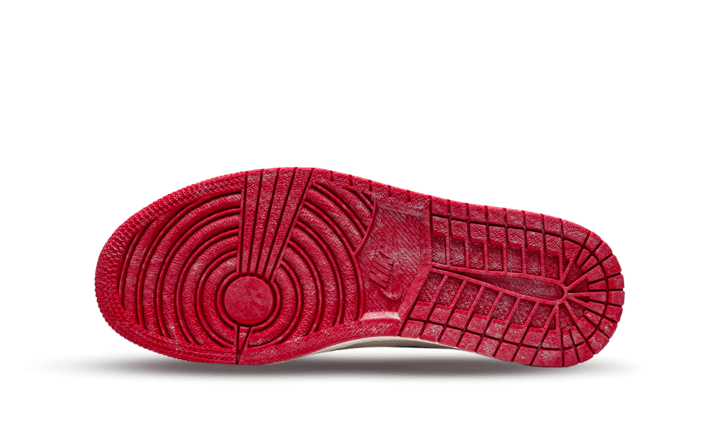 Sole view of the Nike Air Jordan 1 High OG Lost and Found sneaker showcasing its classic red rubber outsole with detailed tread pattern and Nike branding, the real deal for sneaker enthusiasts in Europe.