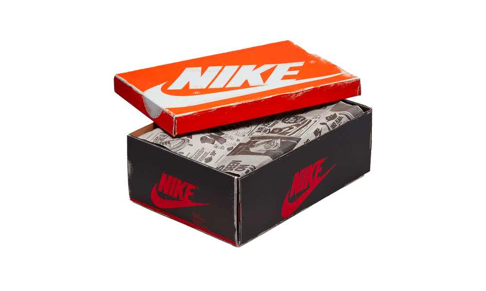 Opened Nike shoebox with red and black design and branded tissue paper inside, showcasing exclusive packaging for Nike Air Jordan 1 High OG Lost and Found sneakers, the real deal.