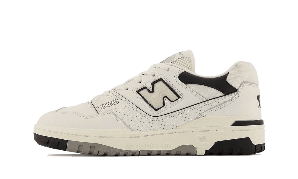 Side view of a New Balance 550 Cream Black sneaker featuring a cream upper with black accents and a durable rubber sole, showcasing exclusive European style sneakers from SneakerAsk.