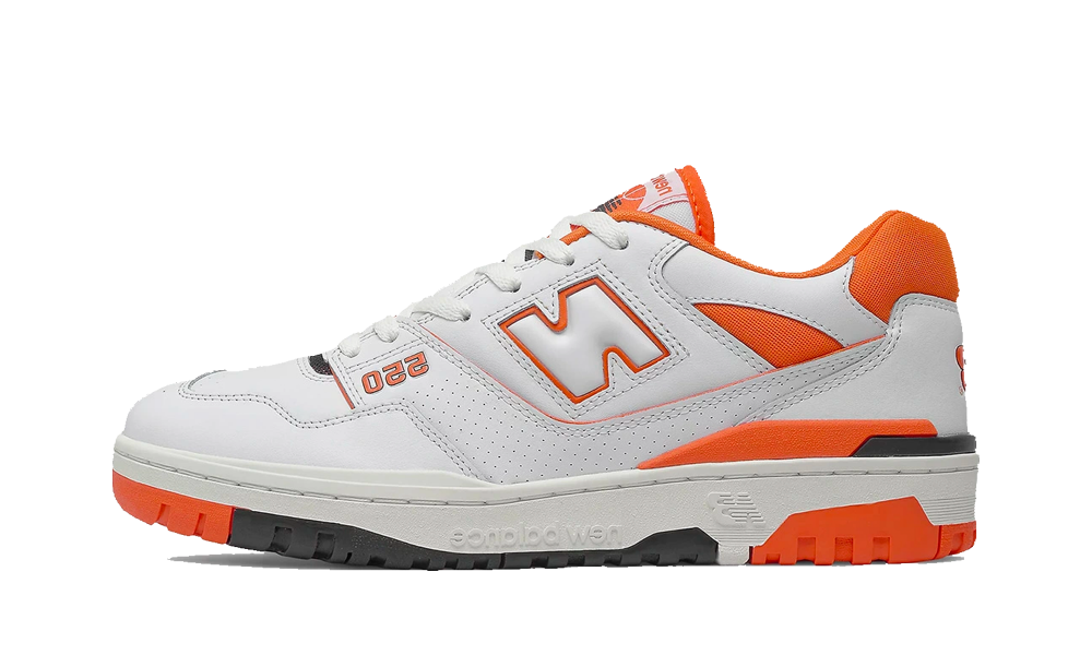 Side view of the New Balance 550 Syracuse sneaker in white and orange with perforated leather and a durable sole, showcasing exclusive European design by SneakerAsk The real deal.