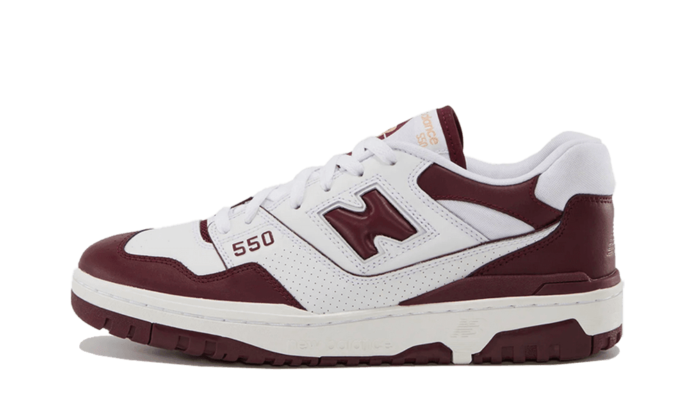 New Balance 550 White Burgundy sneaker in white and burgundy with perforated leather and a classic low-top design, exclusive sneakers available in whole Europe, The real deal.