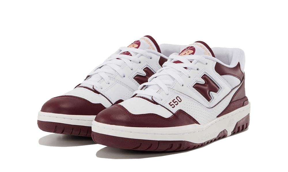Pair of New Balance 550 White Burgundy sneakers showcasing a sleek white leather base with rich burgundy accents, exclusive style in Europe, the real deal.