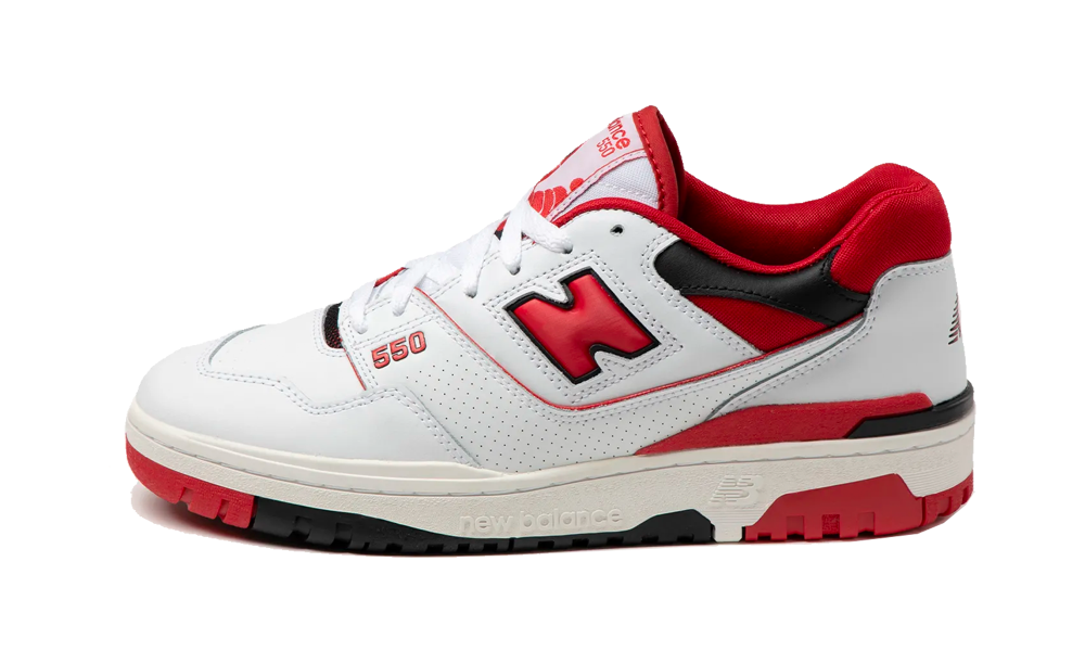 New Balance 550 White Red sneaker featuring a classic white leather upper with red and black details, designed for comfort and style. The real deal exclusive in Europe.