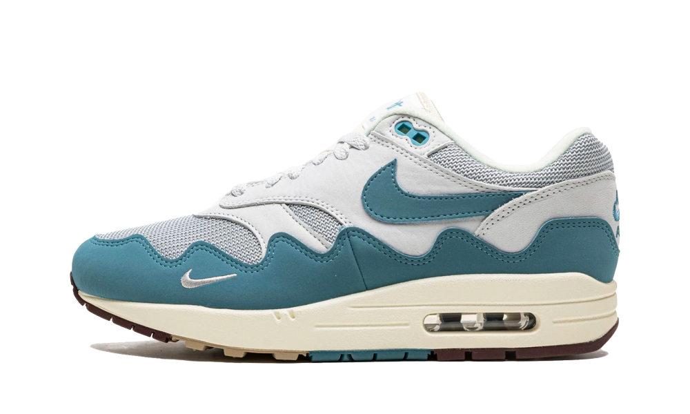 Nike Air Max 1 Patta Waves Noise Aqua sneaker featuring wave-inspired aqua overlays, white mesh and leather upper, and classic visible air cushioning, exclusive in Europe.